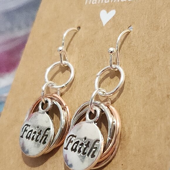 Handmade - Silver and Copper Spiral Chainmail Earrings w/ "Faith"  Medallion - Picture 6 of 6